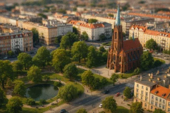 Kościół św. Michała Archanioła i Park Tołpy na tle zabytkowej zabudowy Ołbina we Wrocławiu – widok z lotu ptaka w słoneczny dzień