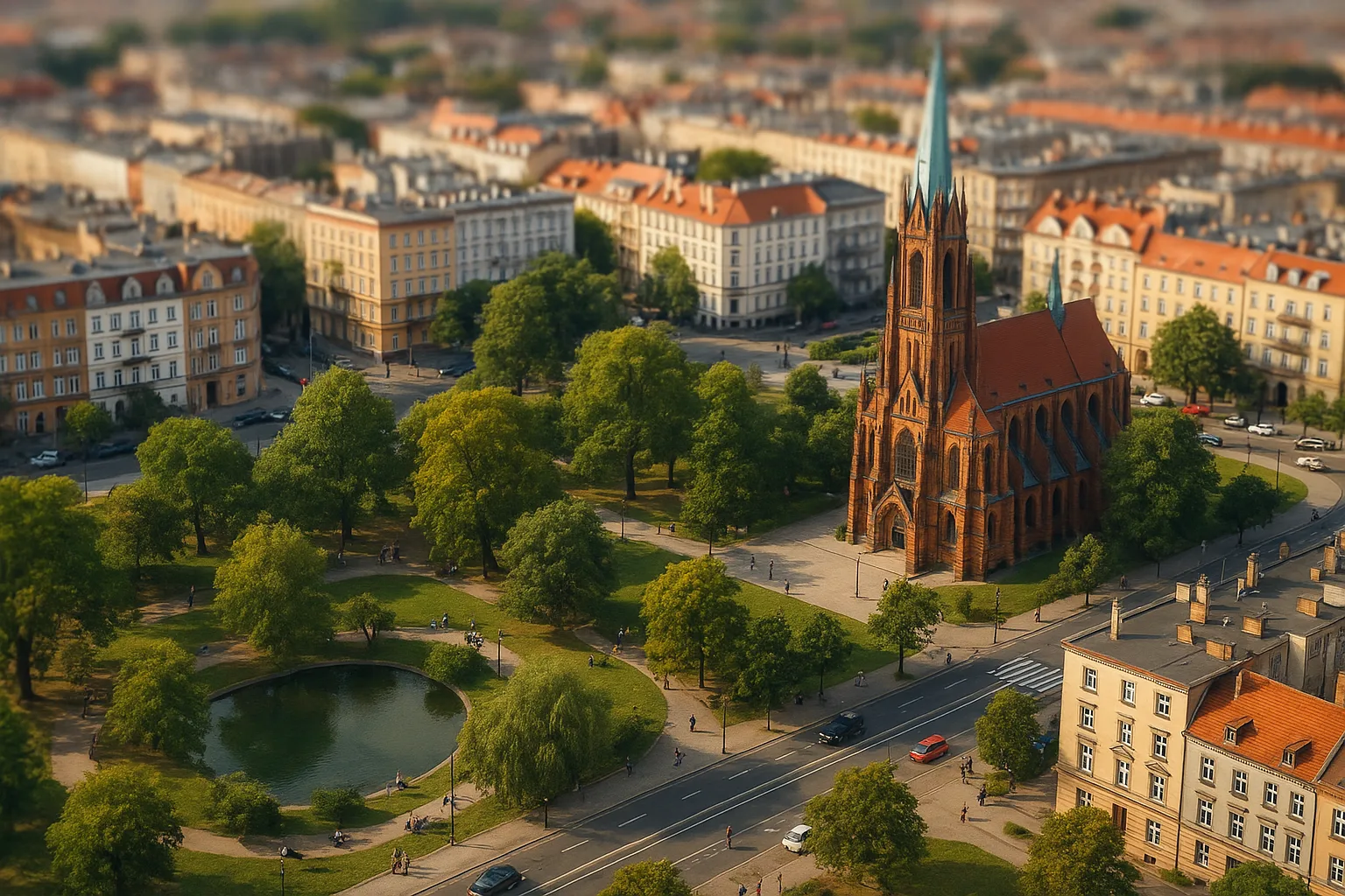 Kościół św. Michała Archanioła i Park Tołpy na tle zabytkowej zabudowy Ołbina we Wrocławiu – widok z lotu ptaka w słoneczny dzień