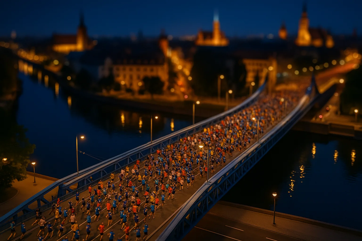 nocny bieg przez most podczas półmaratonu, setki biegaczy w kolorowych strojach na tle iluminowanego miasta i odbicia świateł w rzece