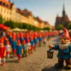 Parada krasnali we Wrocławiu 2025 z figurką krasnala na pierwszym planie i dziećmi w czerwonych czapkach w tle
