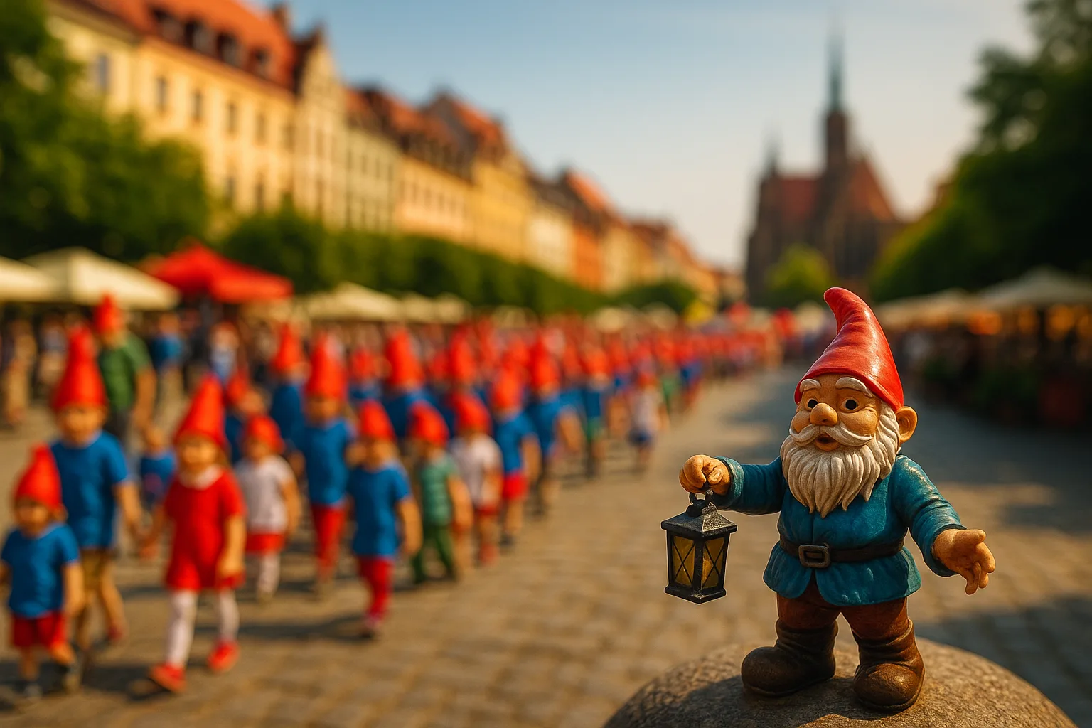 Parada krasnali we Wrocławiu 2025 z figurką krasnala na pierwszym planie i dziećmi w czerwonych czapkach w tle
