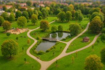 Staw, plac zabaw i altana w Parku Brochowskim otoczone alejkami i drzewami – idealne miejsce na spacer i odpoczynek we Wrocławiu