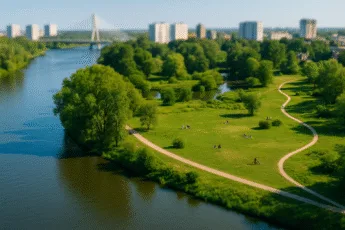 Park nad Odrą z krętymi ścieżkami, polanami i widokiem na Most Milenijny – idealne miejsce na spacer i piknik we Wrocławiu