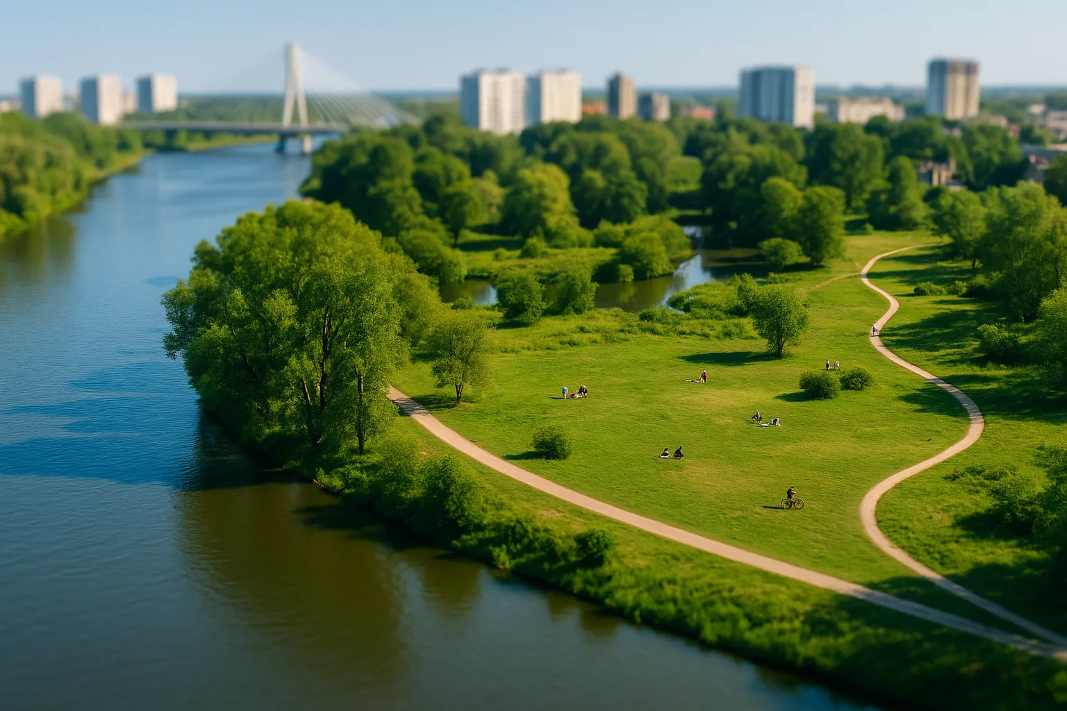 Park nad Odrą z krętymi ścieżkami, polanami i widokiem na Most Milenijny – idealne miejsce na spacer i piknik we Wrocławiu