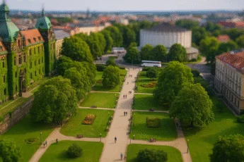 Park Słowackiego we Wrocławiu z widokiem na alejki, drzewa i Panorama Racławicką – zielone centrum miasta obok Muzeum Narodowego