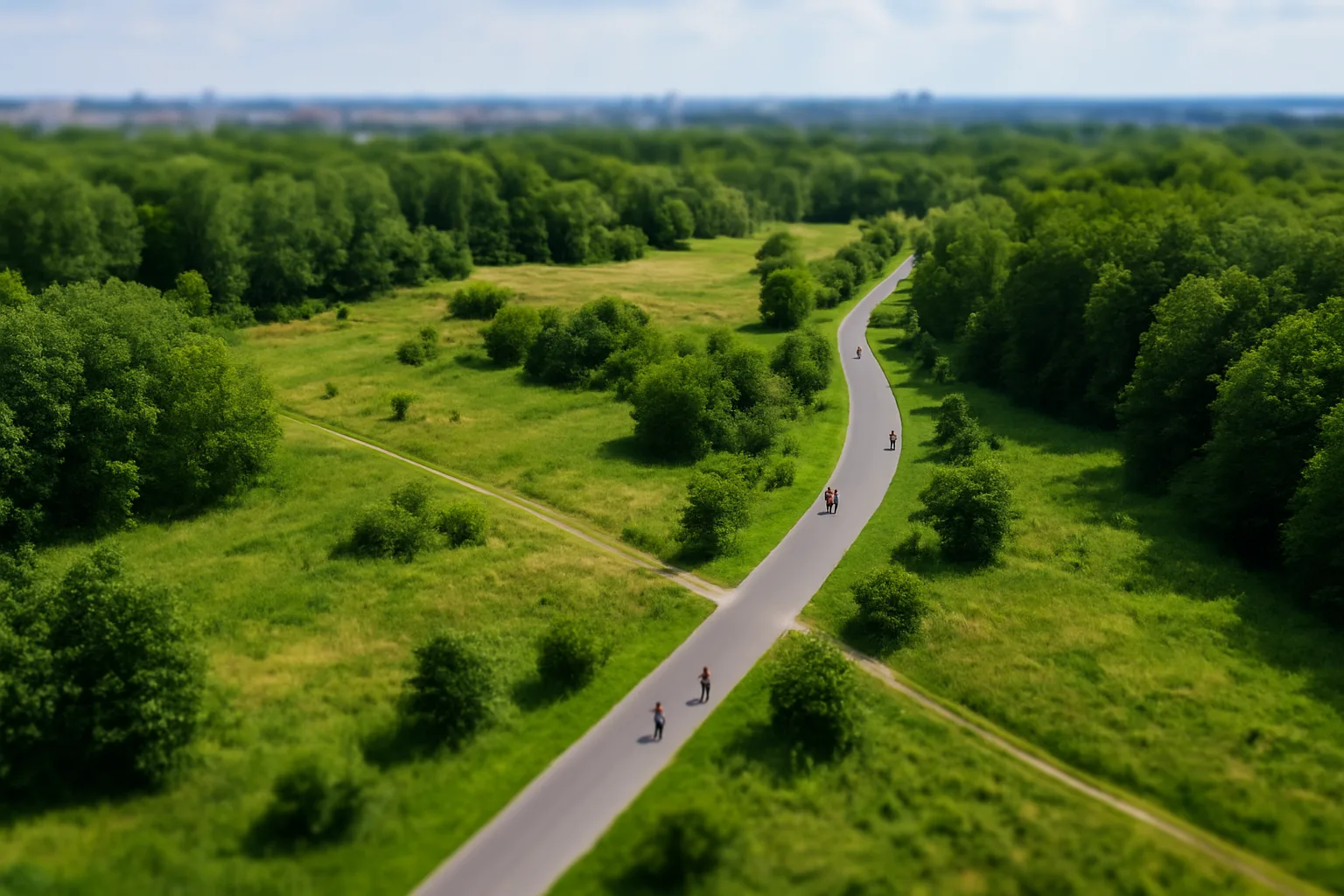 asfaltowa ścieżka spacerowa w Parku Tysiąclecia otoczona zielenią i dziką przyrodą – idealne miejsce na spacer we Wrocławiu