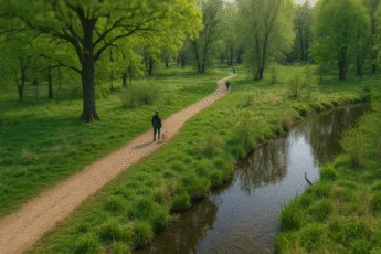 Spokojna ścieżka spacerowa w Parku Zachodnim we Wrocławiu z widokiem na dziką przyrodę, ptaka brodzącego przy strumieniu i osobę spacerującą z psem