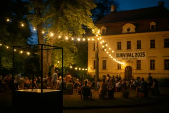 Wieczorna scena festiwalu SURVIVAL przy Zamku Leśnickim – instalacja artystyczna, ludzie na leżakach i światła wśród drzew
