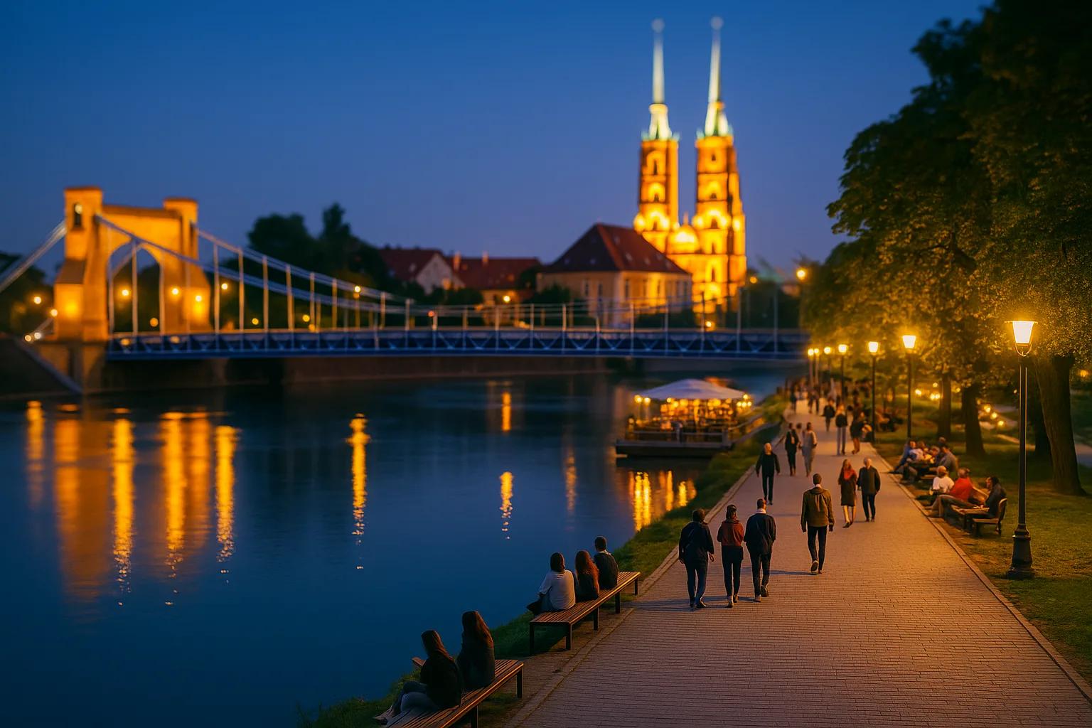 spacer wieczorem nad Odrą we Wrocławiu z widokiem na most Grunwaldzki i katedrę