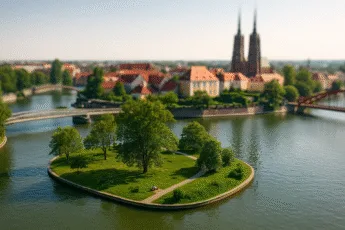 zielona Wyspa Bielarska z widokiem na katedrę św. Jana Chrzciciela i Most Piaskowy we Wrocławiu – spokojne miejsce spacerowe nad Odrą