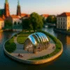 Rzeźba NAWA na Wyspie Daliowej we Wrocławiu odbijająca światło zachodzącego słońca, otoczona zielenią i wodami Odry – współczesna sztuka w centrum miasta