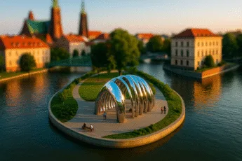 Rzeźba NAWA na Wyspie Daliowej we Wrocławiu odbijająca światło zachodzącego słońca, otoczona zielenią i wodami Odry – współczesna sztuka w centrum miasta