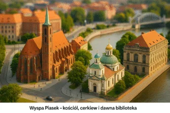 Kościół NMP, cerkiew prawosławna i dawna biblioteka na Wyspie Piasek we Wrocławiu – widok z lotu ptaka