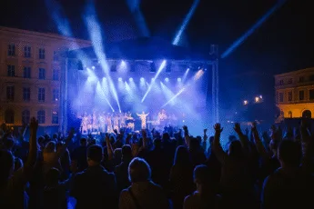 Wieczorny koncert uwielbienia na Placu Wolności we Wrocławiu – tłum z podniesionymi rękami, scena oświetlona niebieskimi reflektorami, 50-osobowy chór na scenie