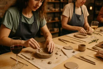 Warsztaty ceramiczne z winem podczas Nocy Świętojańskiej – uczestniczki tworzą gliniane formy przy stole w przytulnym wnętrzu