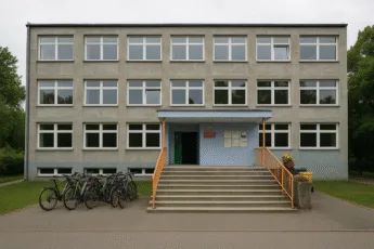 Szkoła Podstawowa nr 61 we Wrocławiu – widok frontalny z rowerami przed wejściem głównym i betonowym chodnikiem