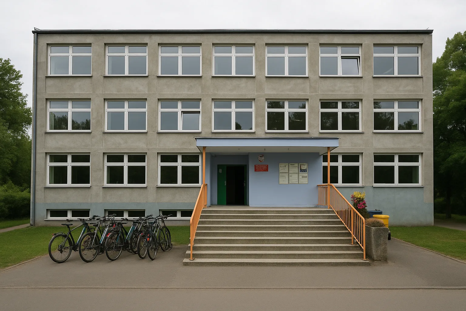 Szkoła Podstawowa nr 61 we Wrocławiu – widok frontalny z rowerami przed wejściem głównym i betonowym chodnikiem