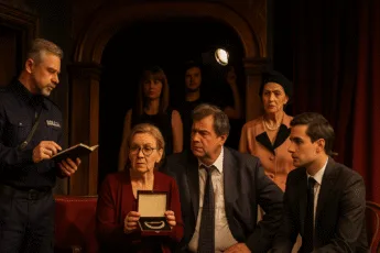 Scena teatralna z aktorami w trakcie śledztwa – kobieta trzymająca szkatułkę z naszyjnikiem, obok niej policjant i podejrzani, czerwone kurtyny i stare wnętrze teatru