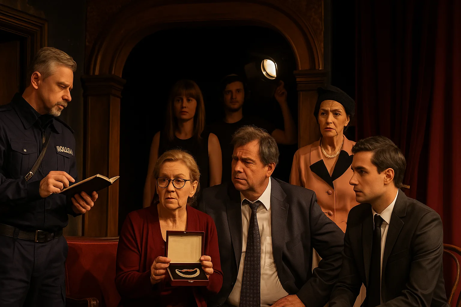 Scena teatralna z aktorami w trakcie śledztwa – kobieta trzymająca szkatułkę z naszyjnikiem, obok niej policjant i podejrzani, czerwone kurtyny i stare wnętrze teatru
