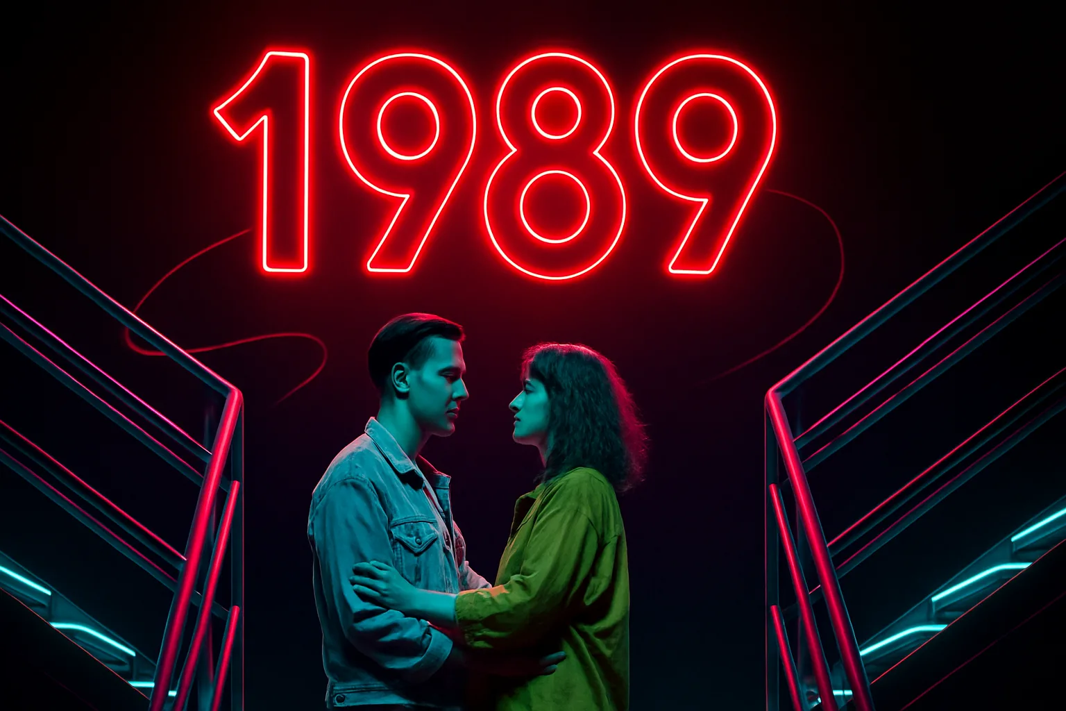 Futurystyczna scena musicalu z neonową liczbą 1989 i parą w świetle reflektorów