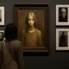 Wystawa fotografii Zdzisława Beksińskiego – kobieta ogląda czarno-białe portrety i obraz 'Dziewczyna' w galerii sztuki