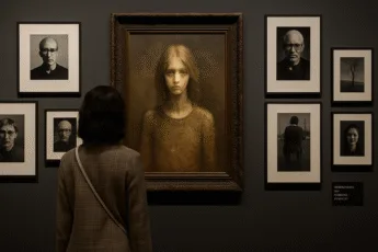 Wystawa fotografii Zdzisława Beksińskiego – kobieta ogląda czarno-białe portrety i obraz 'Dziewczyna' w galerii sztuki
