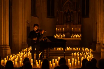 Koncert muzyki klasycznej w gotyckiej katedrze w blasku świec, skrzypek i pianista na tle ołtarza