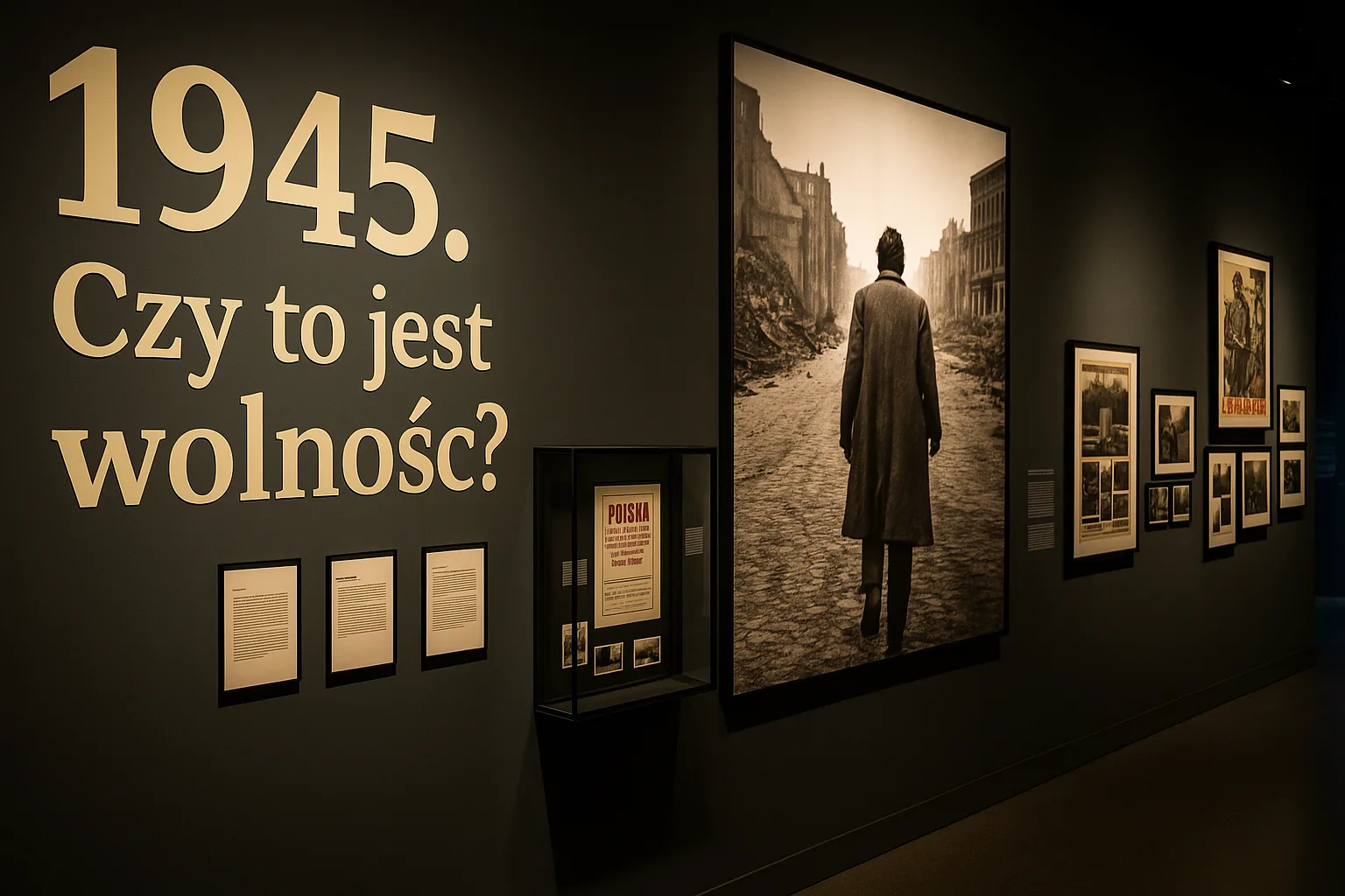 Wnętrze wystawy „1945. Czy to jest wolność?” w Muzeum Pana Tadeusza – ściana z dużym napisem, archiwalnymi plakatami i zdjęciami oraz sylwetką mężczyzny idącego przez zniszczone miasto