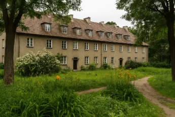 Dwupiętrowy budynek mieszkalny z lat 40. XX wieku otoczony bujną zielenią i kwitnącymi liliowcami w stylu przedmieścia-ogrodu