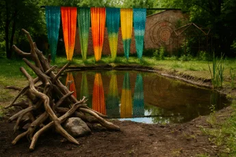 Instalacja plenerowa z kolorowymi tkaninami, drewnianą rzeźbą i stawem – Bazar Bizarre vol. 3 we Wrocławiu