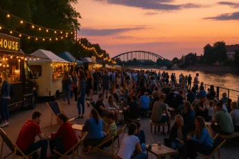Wieczorne Gastro Miasto nad Odrą – food trucki, ludzie i światła na bulwarze Xawerego Dunikowskiego we Wrocławiu