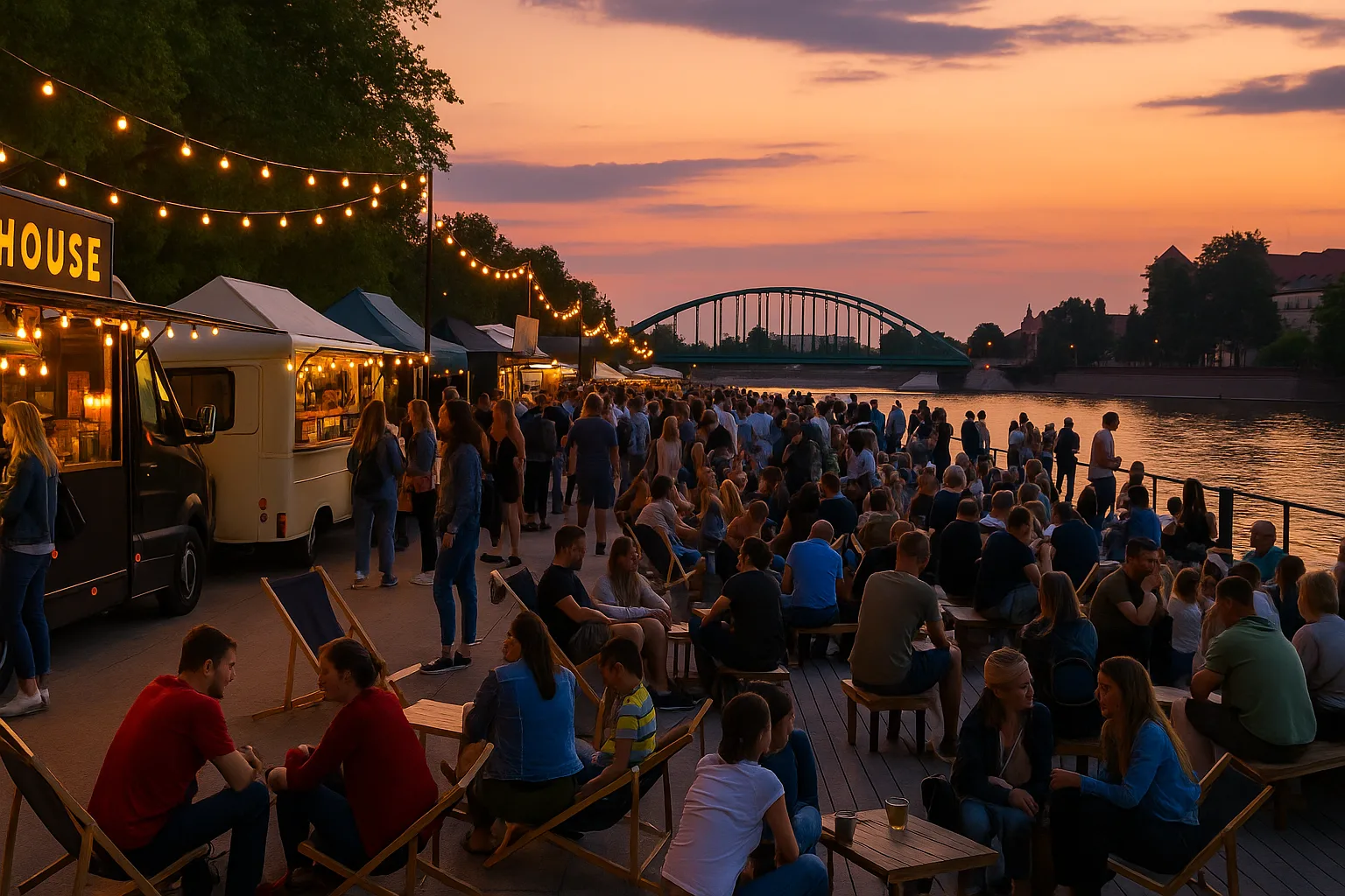 Wieczorne Gastro Miasto nad Odrą – food trucki, ludzie i światła na bulwarze Xawerego Dunikowskiego we Wrocławiu