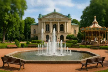 fontanna w Parku Staromiejskim na tle Teatru Lalek i karuzeli dla dzieci – popularne miejsce na spacer w centrum Wrocławia