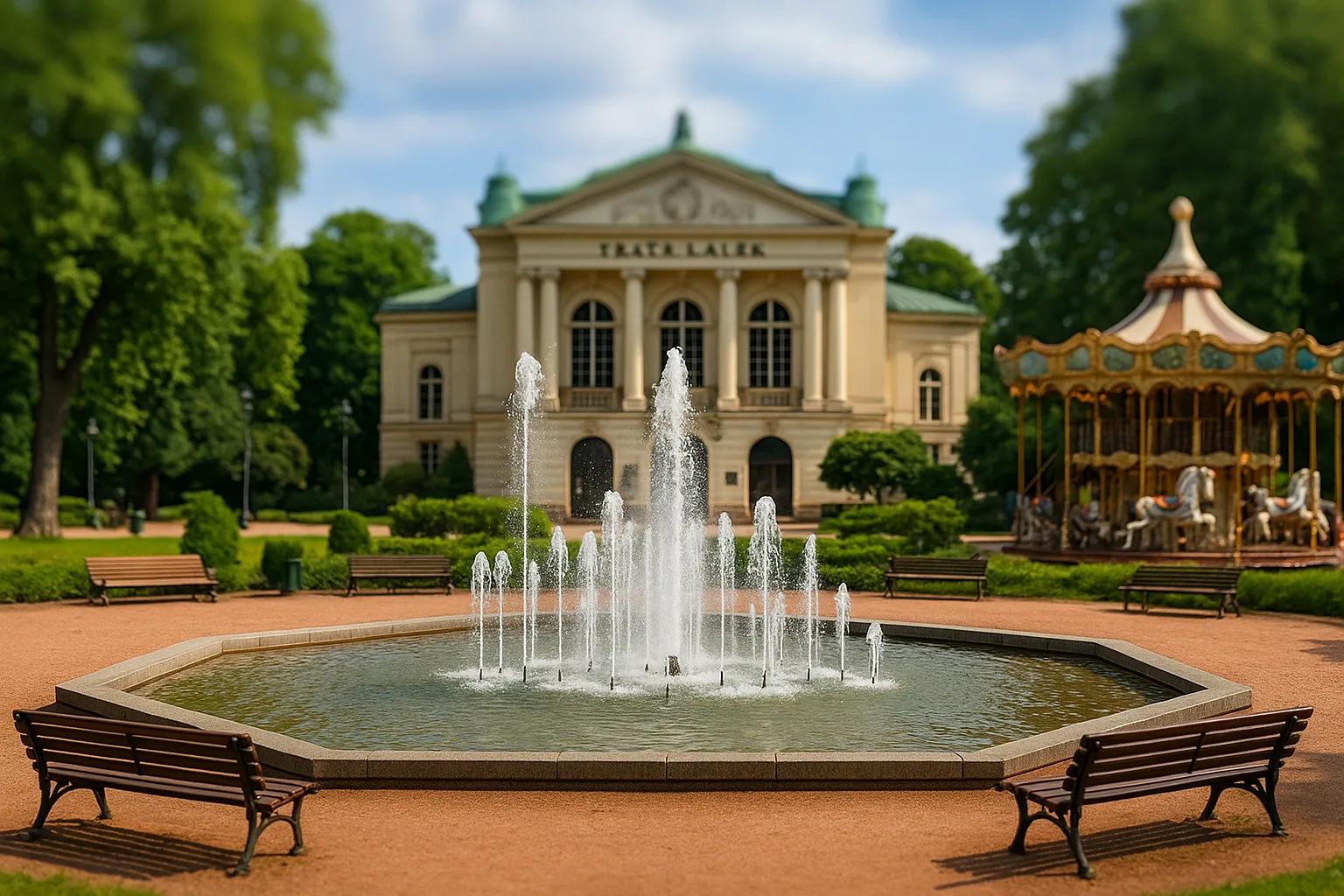fontanna w Parku Staromiejskim na tle Teatru Lalek i karuzeli dla dzieci – popularne miejsce na spacer w centrum Wrocławia