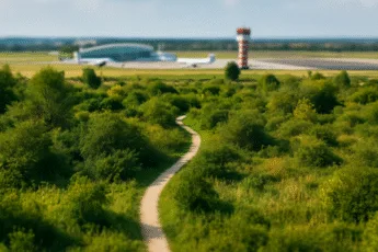 dzika ścieżka przez zielony teren Parku Strachowickiego z widokiem na lotnisko we Wrocławiu