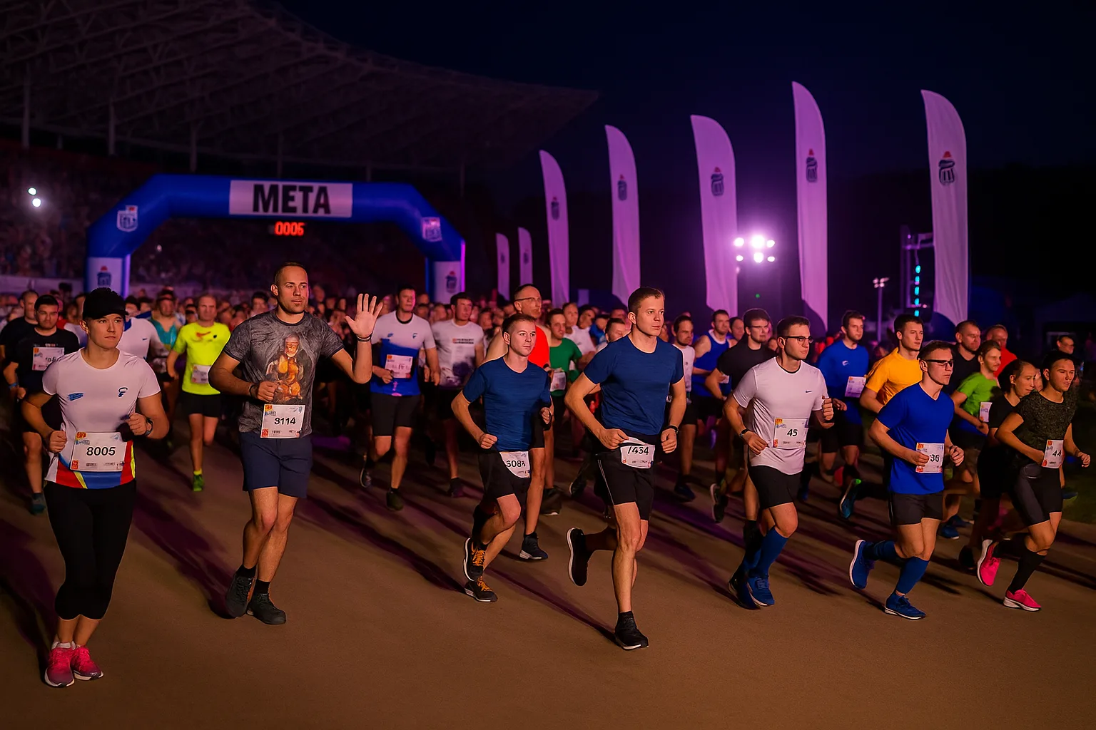 Start nocnego półmaratonu na Stadionie Olimpijskim we Wrocławiu – szeroki kadr z perspektywy prawej strony, z tłumem biegaczy ruszających spod łuku META, w świetle wieczornych reflektorów i flag wydarzenia
