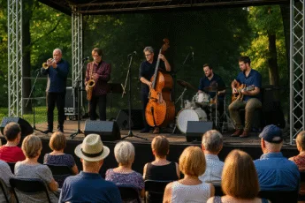 Jazzowy koncert plenerowy w parku podczas Wroclove Jazz Days 2025 – muzycy na scenie, publiczność siedząca, ciepłe światło zachodzącego słońca