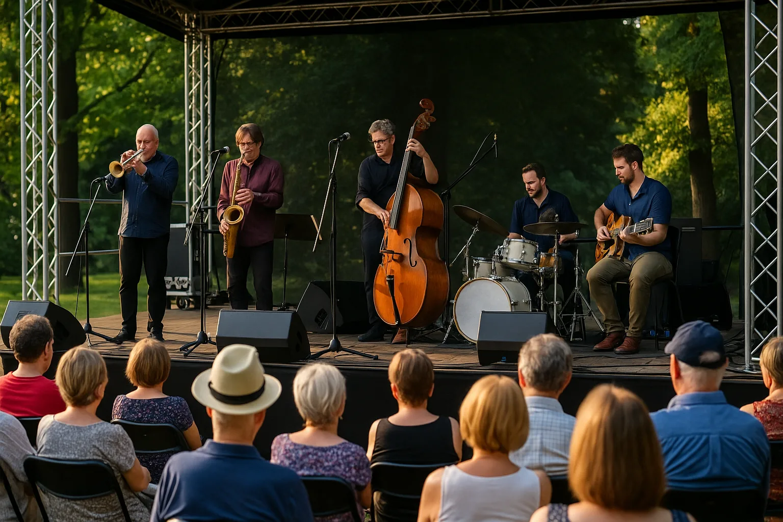 Jazzowy koncert plenerowy w parku podczas Wroclove Jazz Days 2025 – muzycy na scenie, publiczność siedząca, ciepłe światło zachodzącego słońca