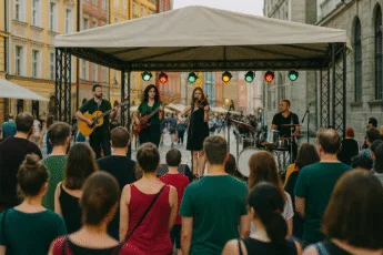 Koncert na świeżym powietrzu na wrocławskiej ulicy – zespół występuje pod namiotem dla zgromadzonej publiczności, w tle kolorowe kamienice
