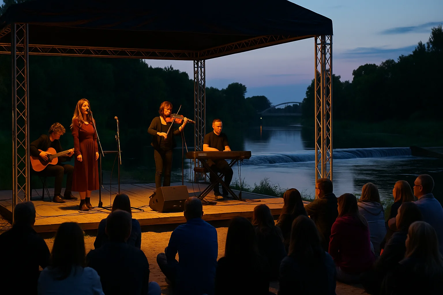 Plenerowy koncert o zmierzchu nad rzeką we Wrocławiu – zespół występuje na scenie przy plaży, w tle widać jaz wodny i most na Odrze