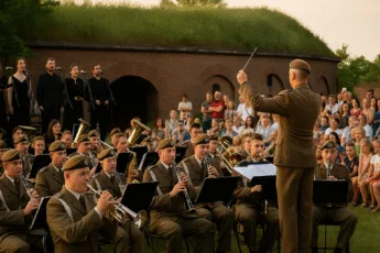 Koncert wojskowej orkiestry na Bastionie Sakwowym we Wrocławiu, publiczność siedzi na trawie podczas zachodu słońca