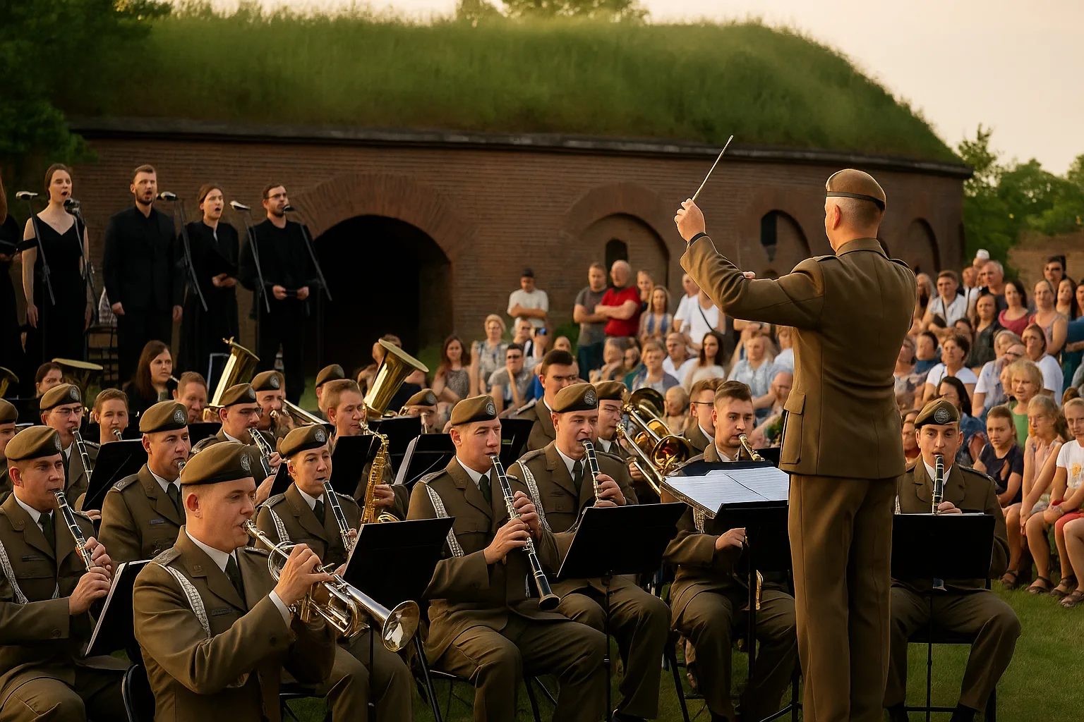 Koncert wojskowej orkiestry na Bastionie Sakwowym we Wrocławiu, publiczność siedzi na trawie podczas zachodu słońca