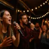 Uczestnicy karaoke śpiewający z entuzjazmem na scenie w industrialnym barze we Wrocławiu