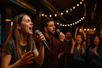Uczestnicy karaoke śpiewający z entuzjazmem na scenie w industrialnym barze we Wrocławiu