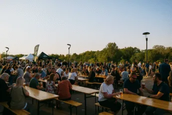 Tłum uczestników festiwalu piwa siedzących przy drewnianych ławach na świeżym powietrzu, z widokiem na stoiska browarów i zielone drzewa w tle. Zdjęcie wykonane z lewego boku placu, w poziomie, w świetle zachodzącego słońca.