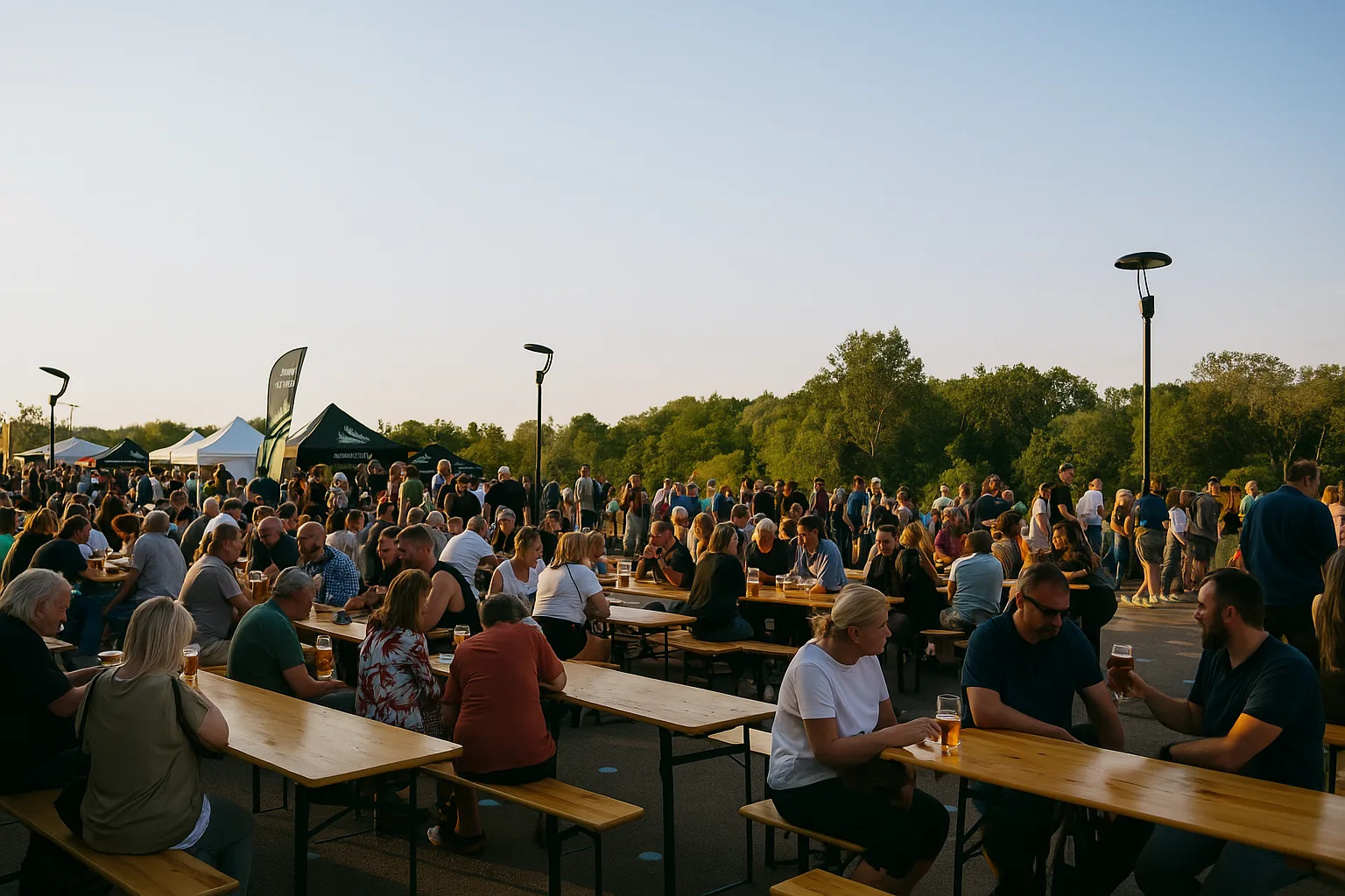 Tłum uczestników festiwalu piwa siedzących przy drewnianych ławach na świeżym powietrzu, z widokiem na stoiska browarów i zielone drzewa w tle. Zdjęcie wykonane z lewego boku placu, w poziomie, w świetle zachodzącego słońca.