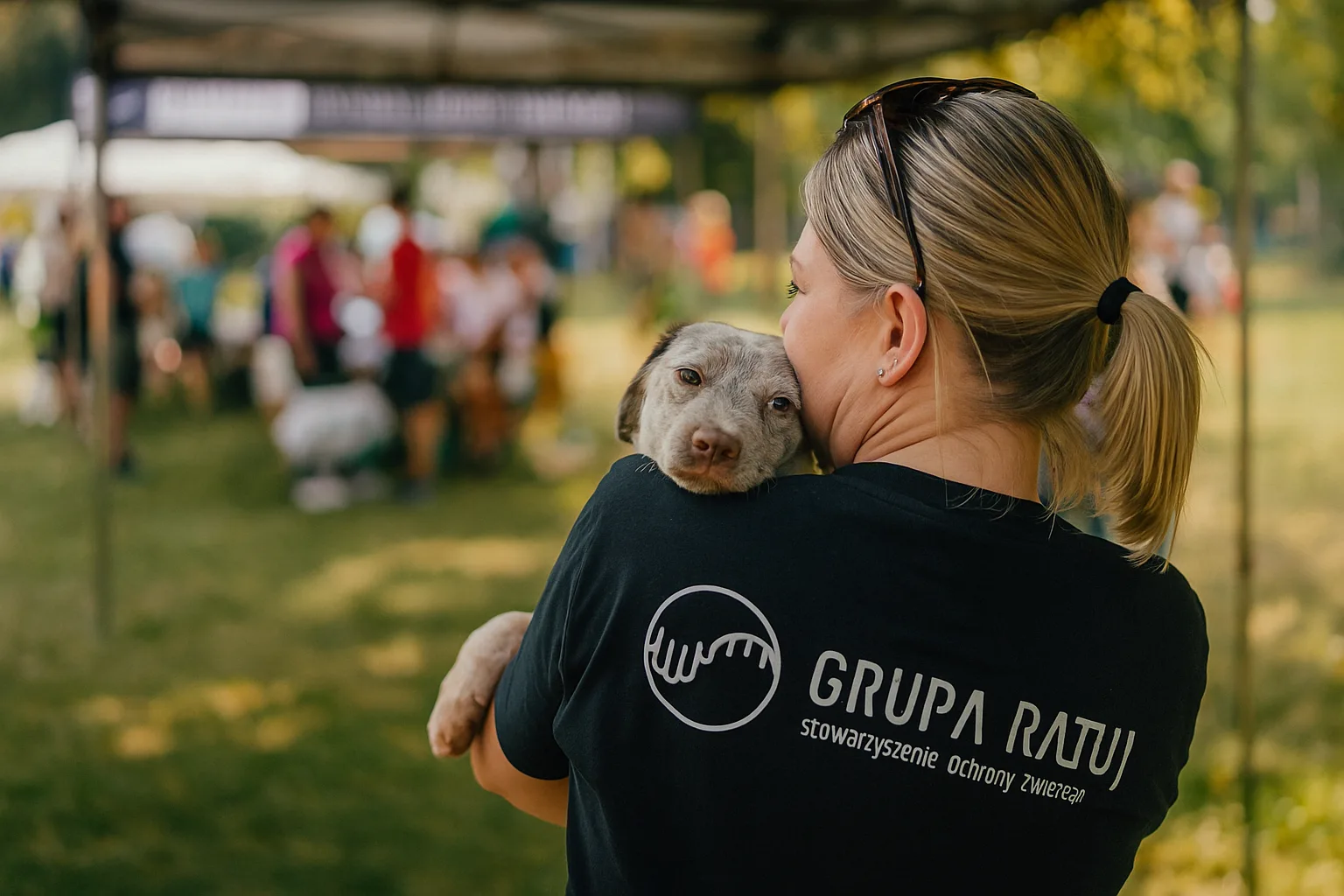 Kobieta w koszulce GRUPY RATUJ przytulająca szczeniaka podczas pikniku charytatywnego w Parku Grabiszyńskim we Wrocławiu, w tle rozmyta grupa uczestników wydarzenia na świeżym powietrzu.