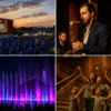 Fotokolaż wydarzeń we Wrocławiu 27 sierpnia 2025 – kino na dachu z widokiem na Odrę, koncert jazzowy w klubie, pokazy Fontanny Multimedialnej na Pergoli, rodzina oglądająca wystawę Titanic