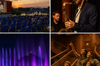 Fotokolaż wydarzeń we Wrocławiu 27 sierpnia 2025 – kino na dachu z widokiem na Odrę, koncert jazzowy w klubie, pokazy Fontanny Multimedialnej na Pergoli, rodzina oglądająca wystawę Titanic