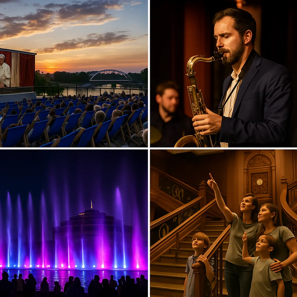 Fotokolaż wydarzeń we Wrocławiu 27 sierpnia 2025 – kino na dachu z widokiem na Odrę, koncert jazzowy w klubie, pokazy Fontanny Multimedialnej na Pergoli, rodzina oglądająca wystawę Titanic